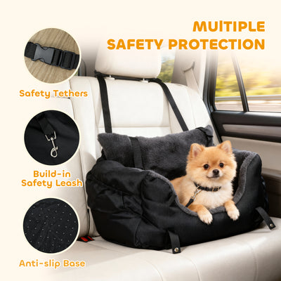 PawHut Dog Car Seat for Small Dogs with Fixed Buckle, Safety Leash, Washable Cover, 58 x 45 x 28 cm, Black 
