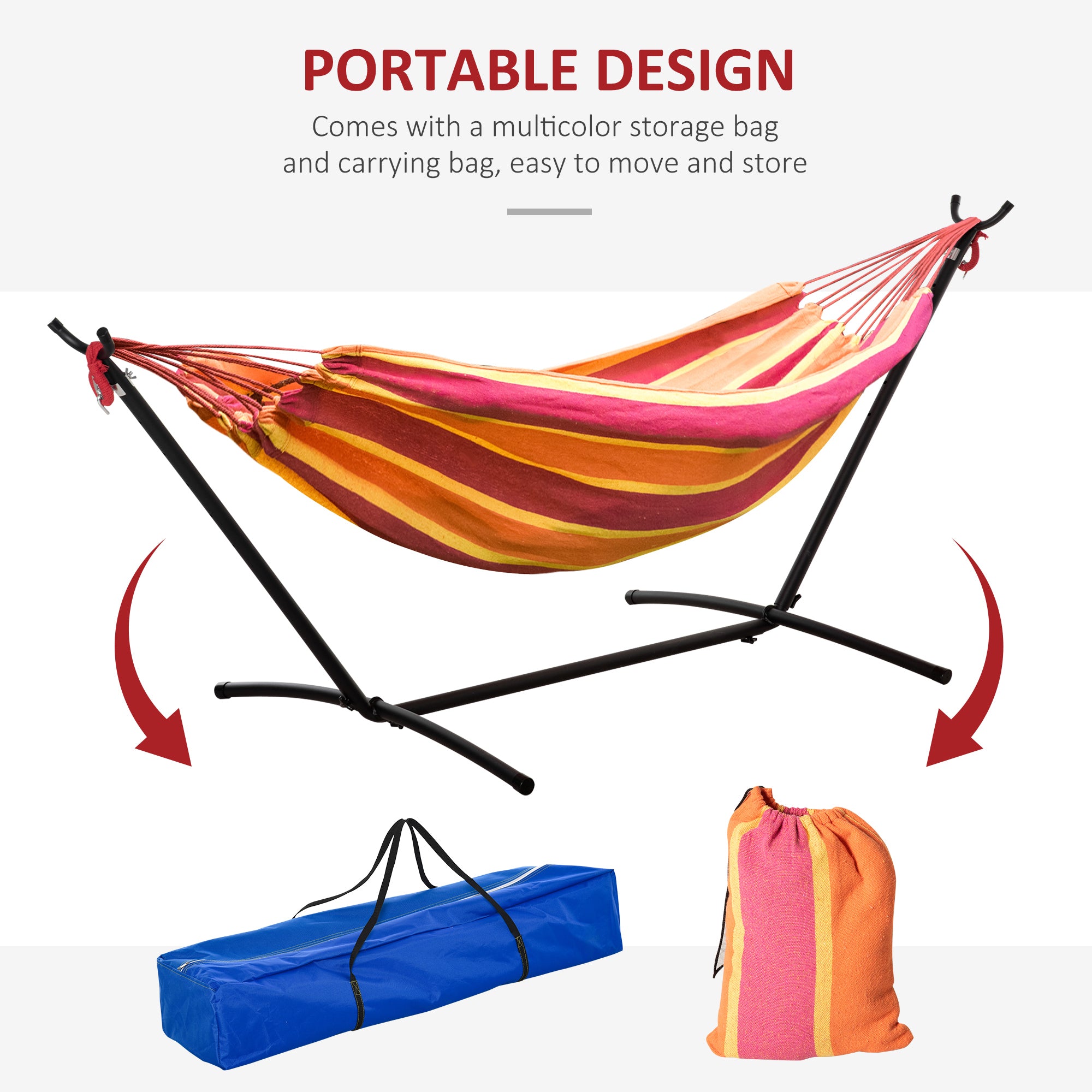 Outsunny 298 x 117cm Hammock with Stand Camping Hammock with Portable Carrying Bag, Adjustable Height, 120kg Load Capacity, Red Stripe 