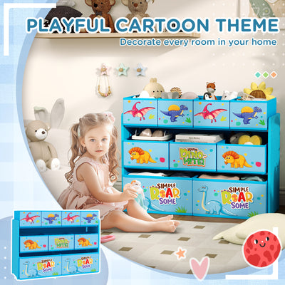 AIYAPLAY 3-Tier Kids Storage Unit with 9 Non-Woven Fabric Boxes for Toys, Books, for Bedroom, Nursery, Blue 