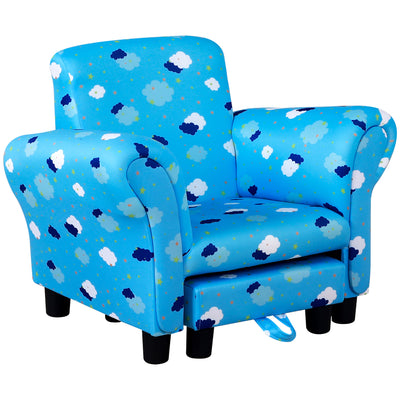 HOMCOM Toddler Chair Children's Armchairs Wood Frame w/ Footrest Anti-Slip Legs High Back Arms for Bedroom Playroom Cute Cloud Star Blue 
