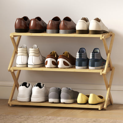 HOMCOM Three-Tier Folding Bamboo Shoe Rack - Natural Finish 