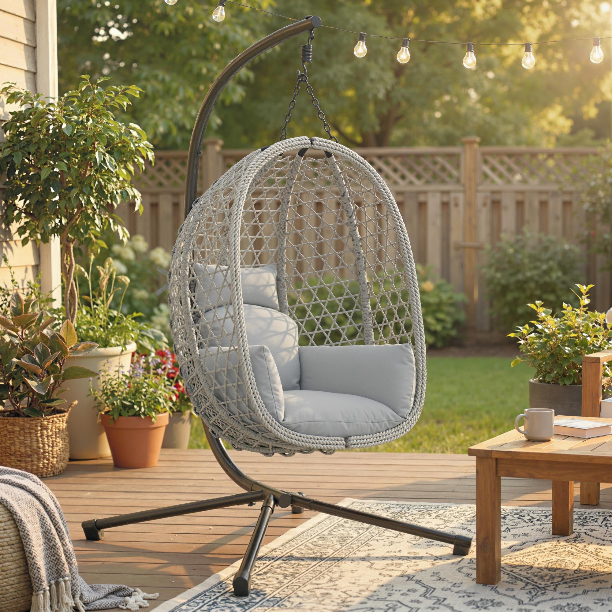 Outsunny Hanging Egg Chair, Indoor Outdoor Rattan Hammock Swing Chair with Stand, Safety Strap, Foldable Basket, Light Grey 