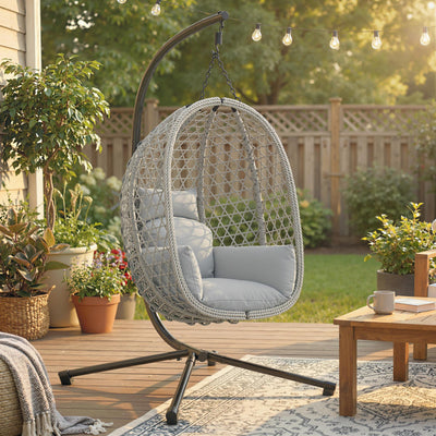 Outsunny Hanging Egg Chair, Indoor Outdoor Rattan Hammock Swing Chair with Stand, Safety Strap, Foldable Basket, Light Grey 
