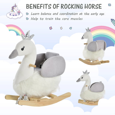 HOMCOM Kids Children Rocking Horse Plush Ride On Swan w/ Sound Wood Base Seat Safety Belt Toddler Baby Toy Rocker 18 - 36 Months 