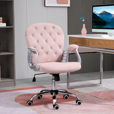 Vinsetto Office Chair, Swivel Desk Chair, Velvet Vanity Chair with Adjustable Height and Rolling Wheels for Home Work Study, Pink 