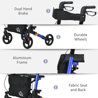 HOMCOM 4 Wheel Rollator with Seat and Back, Folding Mobility Walker with Carry Bag, Adjustable Height, Dual Brakes, Cane Holder, Lightweight Aluminium Walking Frame for Seniors and Disabled, Blue 