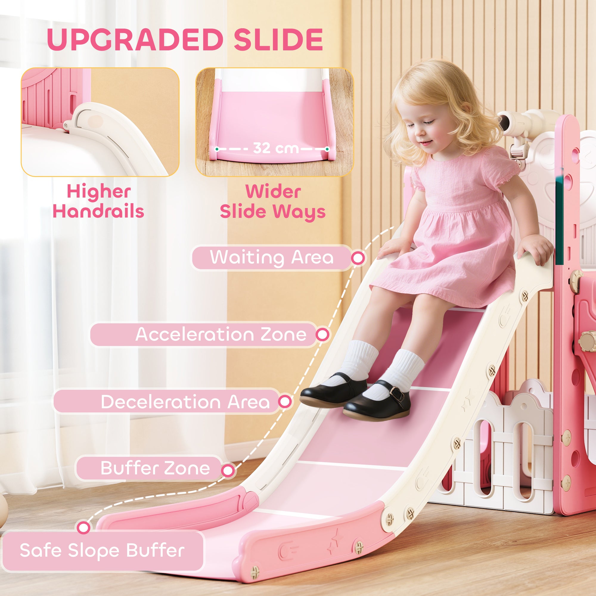 AIYAPLAY 5 in 1 Kids Slide Set with Basketball Hoop, Climbing Frame, Telescope, Storage Box for Toddlers Ages 1-3, Pink 