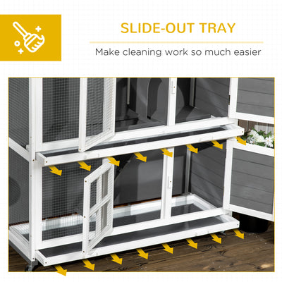 PawHut Wooden Rabbit Hutch, Two-Tier Guinea Pig Cage, with Removable Tray, Wheels 