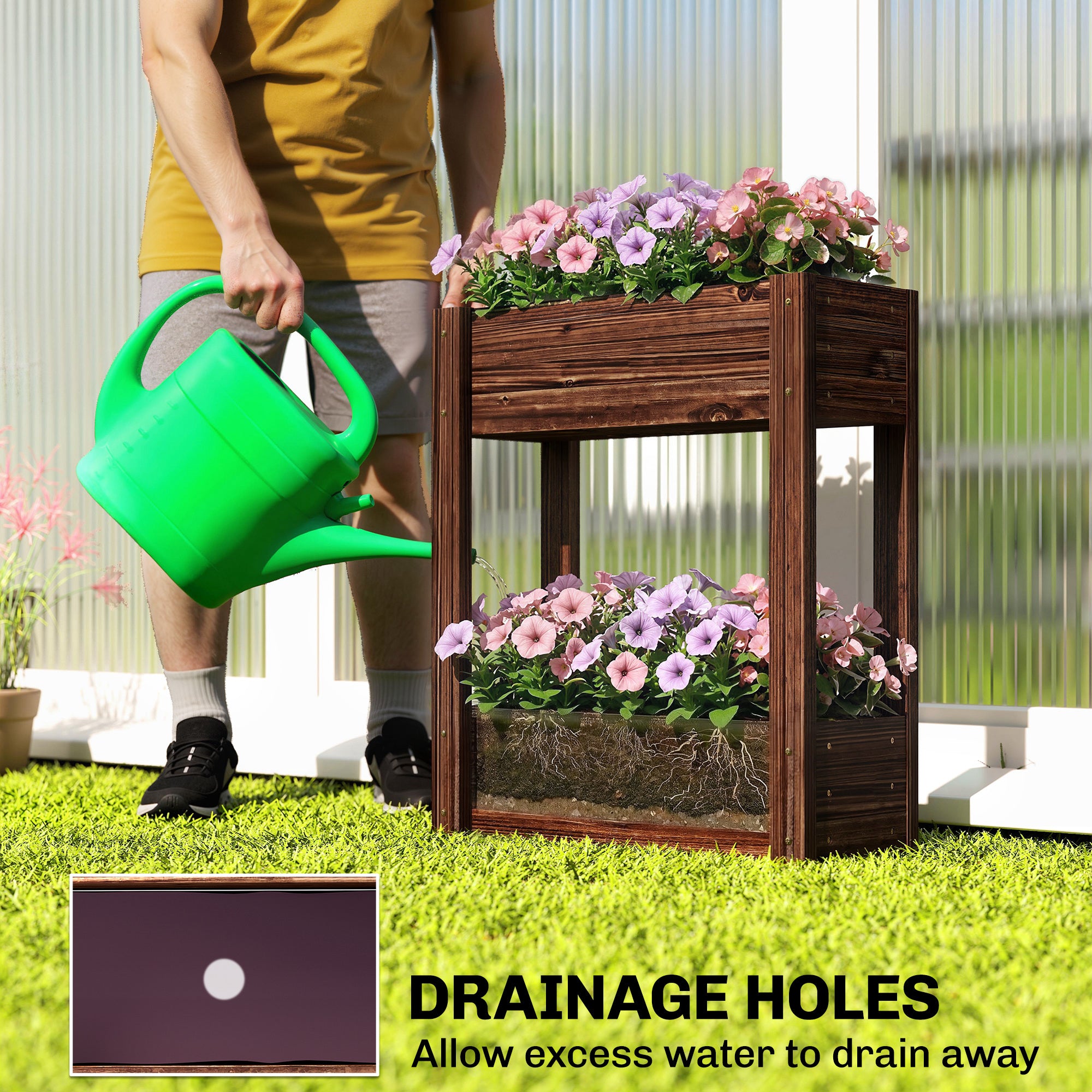 Outsunny 2-Tier Wooden Raised Planter, Raised Garden Bed on Legs with Drainage Holes and Bed Liner, Elevated Garden Planter 