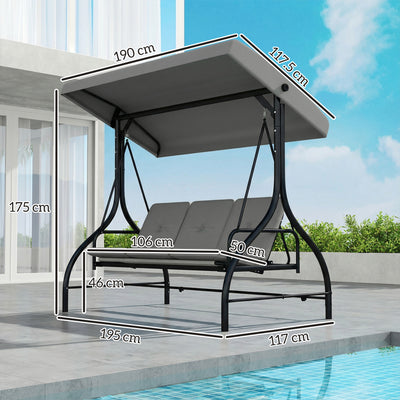 Outsunny 3 Seater Canopy Swing Chair, 2 in 1 Garden Swing Seat Bed, with Adjustable Canopy and Metal Frame, Light Grey 