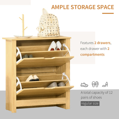 HOMCOM Narrow Shoe Cabinet, Space Saving Shoe Storage Cabinet with 2 Flip Drawers and Adjustable Shelves for 12 Pairs of Shoes for Hallways and Living Room, Natural Wood Finish 