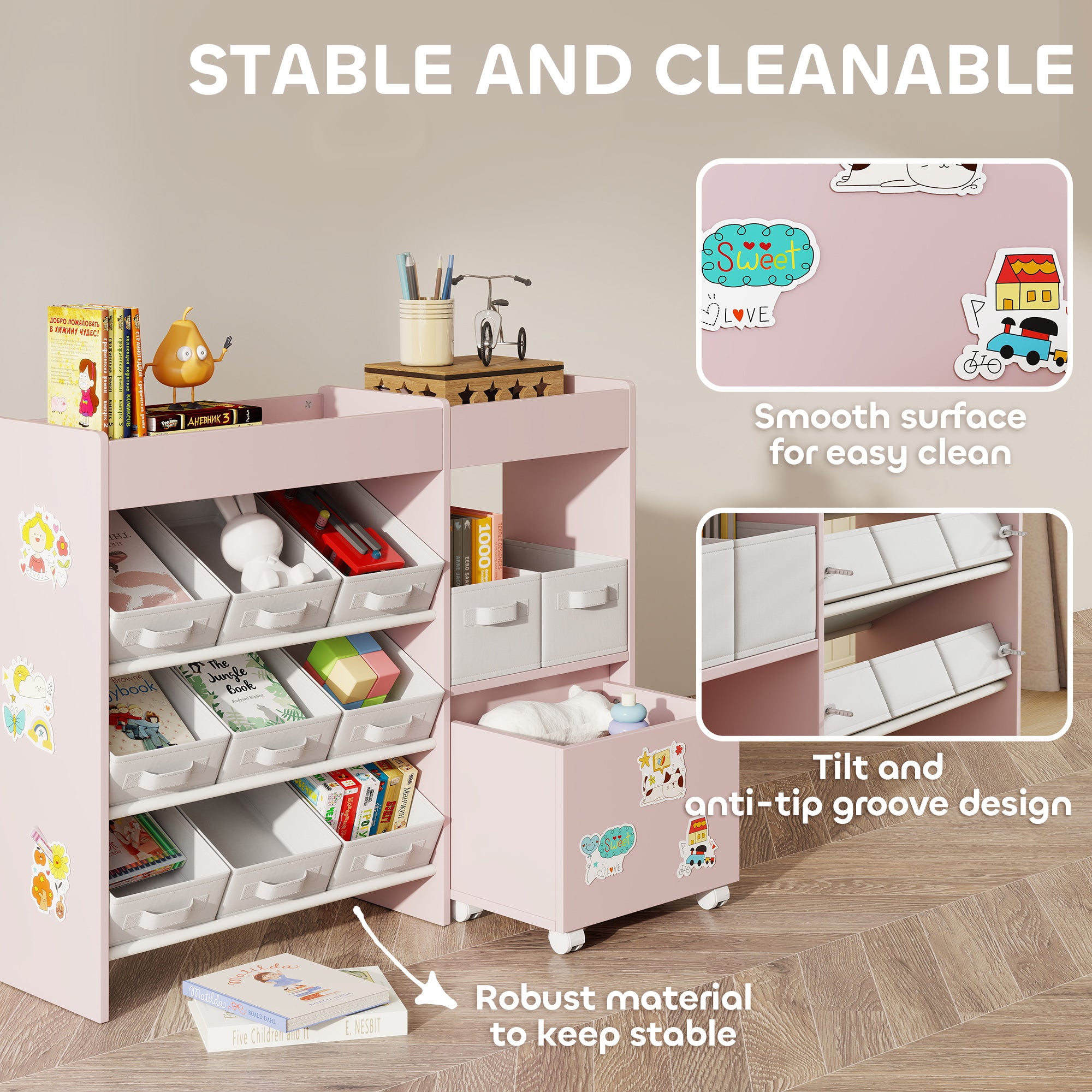 AIYAPLAY Kids Toy Storage Unit with 11 Bins, Cabinet, Top Shelves, 3 Stickers, for Nursery, Playroom, Pink 