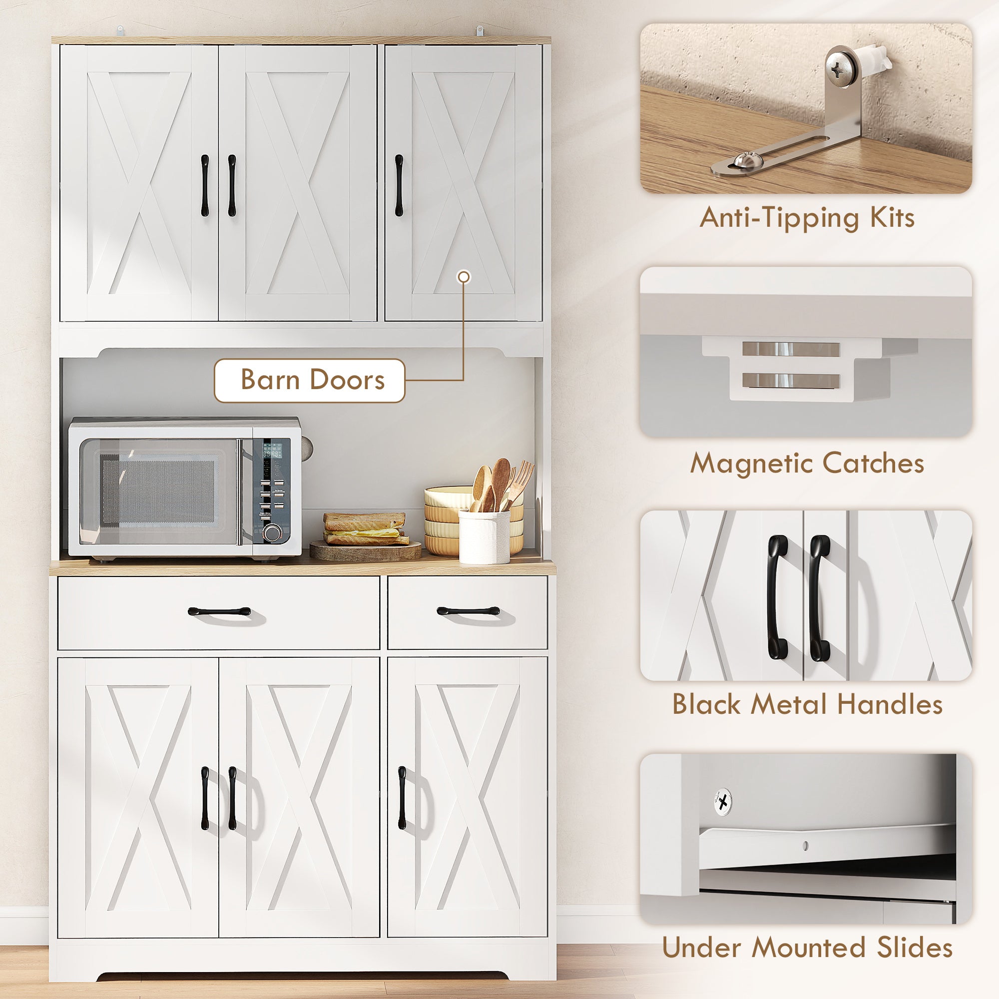 HOMCOM 175 cm Tall Kitchen Pantry Cabinet with Microwave Stand, Freestanding Pantry Cupboard, White 