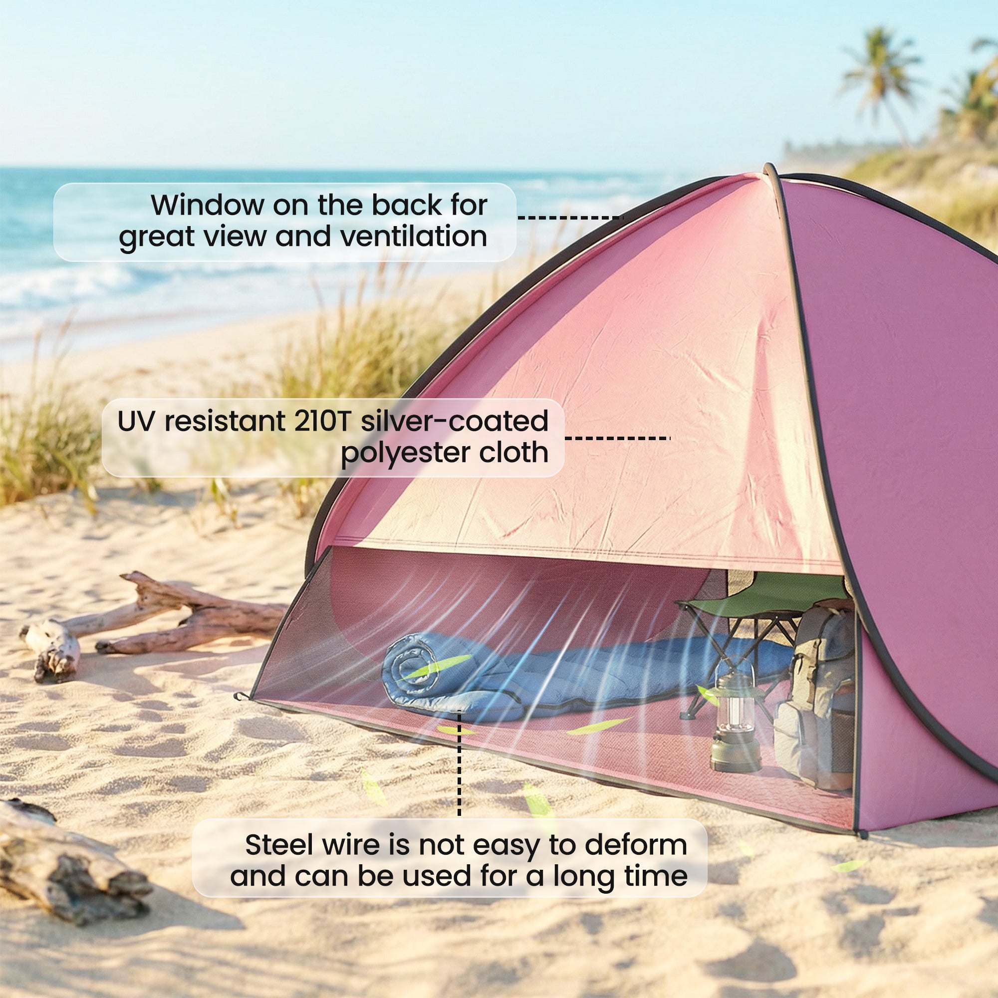 Outsunny Pop up Beach Tent, UV 50+ Sun Shelter with Carry Bag, 2x1.5m for 2-3 Person, Pink 