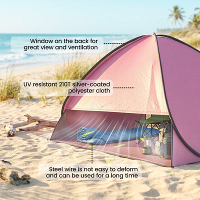 Outsunny Pop up Beach Tent, UV 50+ Sun Shelter with Carry Bag, 2x1.5m for 2-3 Person, Pink 