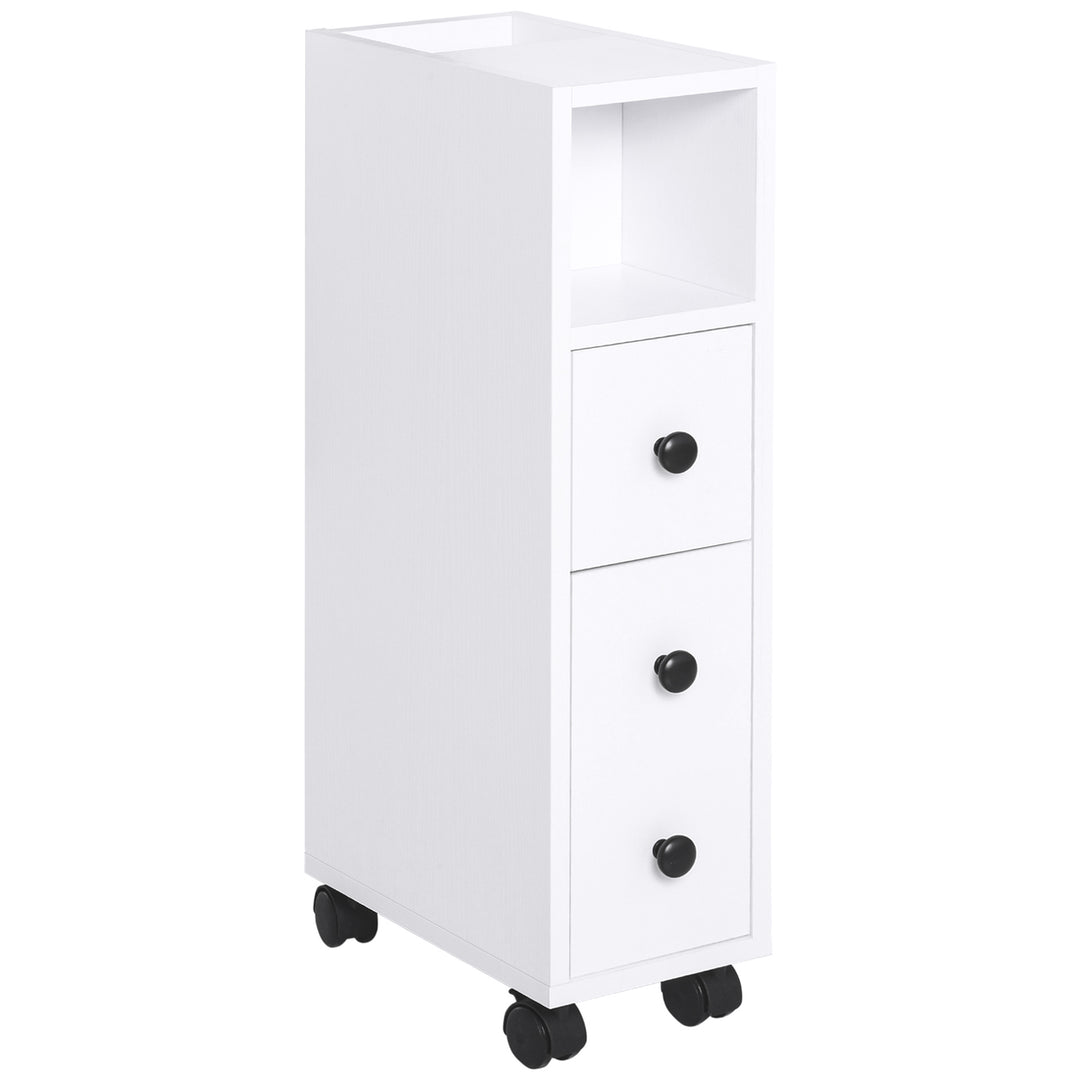 kleankin Slimline Bathroom Storage Unit w/ 2 Drawers 2 Open Compartments Wheels Handles Freestanding Compact Home Office Furniture White 