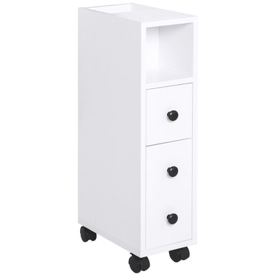 kleankin Slimline Bathroom Storage Unit w/ 2 Drawers 2 Open Compartments Wheels Handles Freestanding Compact Home Office Furniture White 