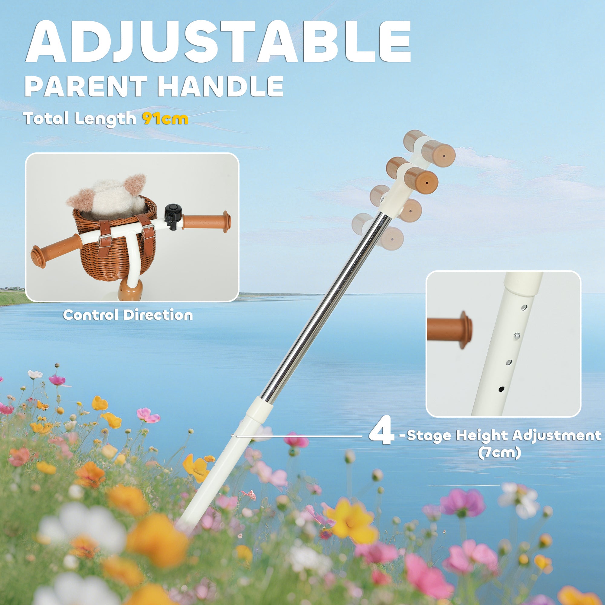 AIYAPLAY 2-In-1 Toddler Trike for 2-5 Years Old, 3 Wheel Bike with Adjustable Parent Handle, Basket for Boys and Girls, White