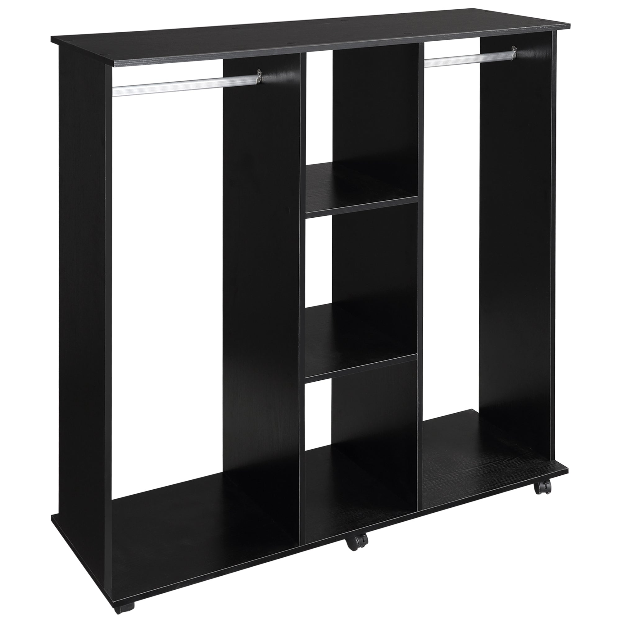 HOMCOM Open Wardrobe Double Mobile Storage Shelves Organizer W/6 Wheels-Black 