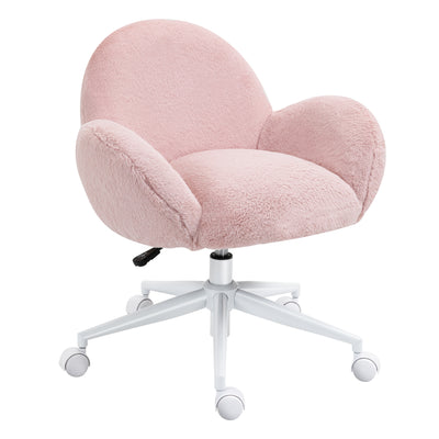HOMCOM Makeup Vanity Chair, Cute Fluffy Desk Chair with Rolling Wheels for Bedroom Living Room, Pink 