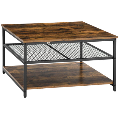 HOMCOM Coffee Table, Living Room Table with 3-Tier Storage Shelves, Square Tea Table for Home Office, Rustic Brown 