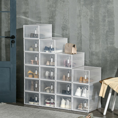 HOMCOM 18PCS Clear Shoe Box, Plastic Stackable Shoe Storage Box for UK/EU Size up to 8.5/43 with Magnetic Door for Women/Men, 25 x 35 x 19cm 