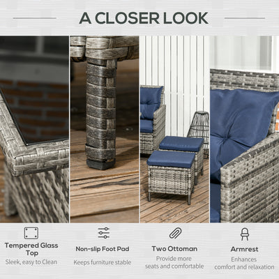 Outsunny 7-Seater Patio wicker Sofa Set Rattan Chair Furniture w/ Glass & Cushioned, Dark Blue 