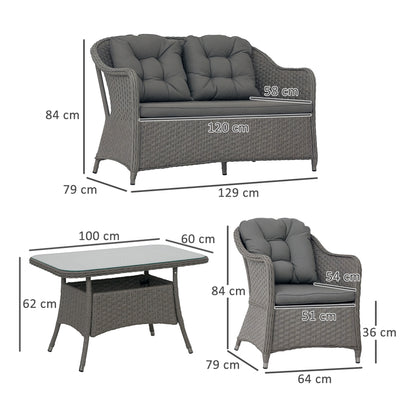 Outsunny Four-Piece Rattan Set, with Glass-Top Table - Light Grey 