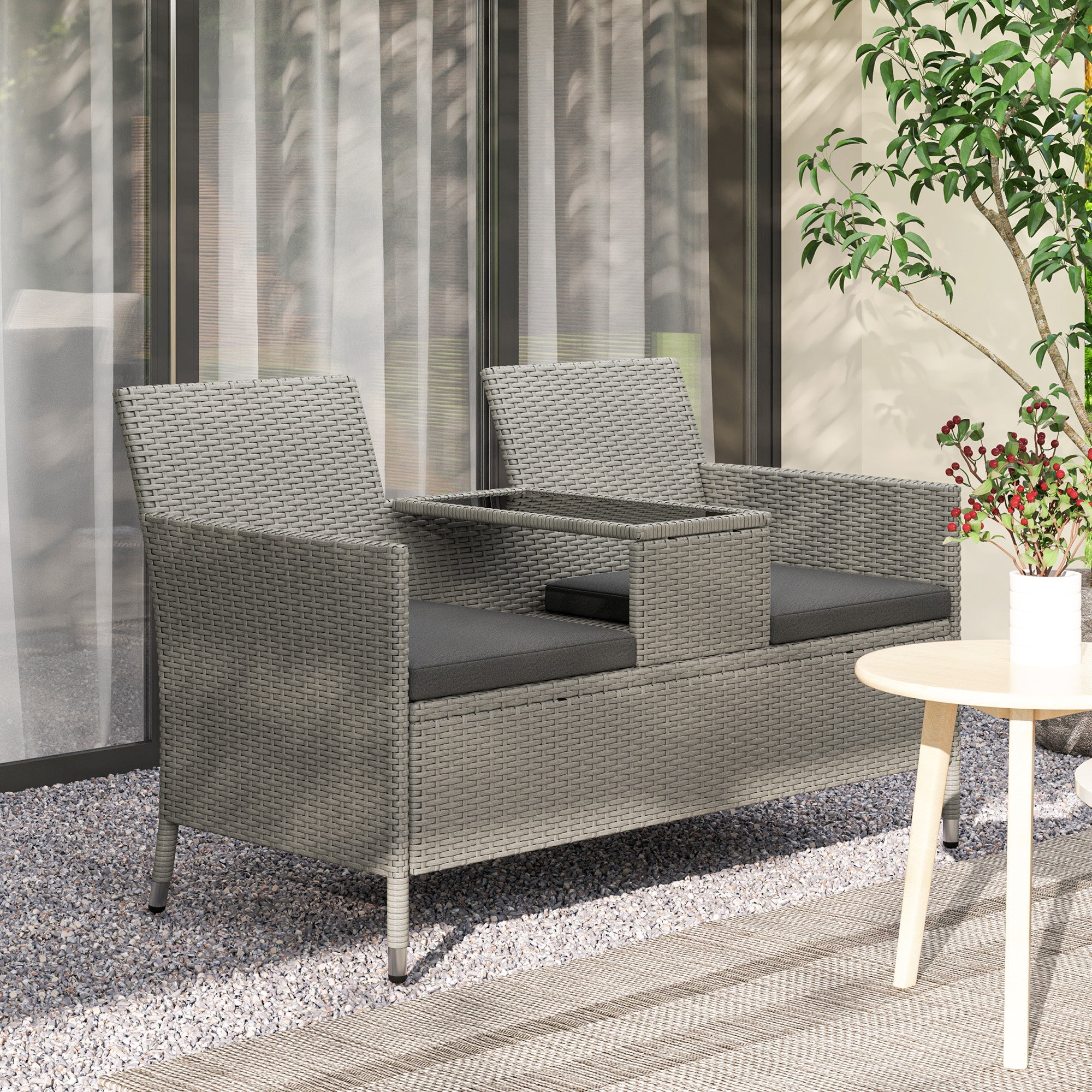 Outsunny 2-Seater PE Rattan Outdoor Garden Bench w/ Centre Table Grey 