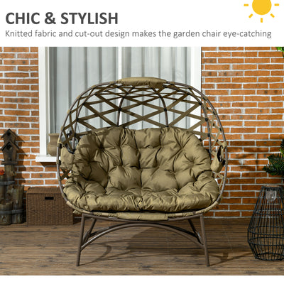 Outsunny 2 Seater Egg Chair Outdoor, Folding Weave Garden Furniture Chair with Cushion, Cup Pockets - Khaki 