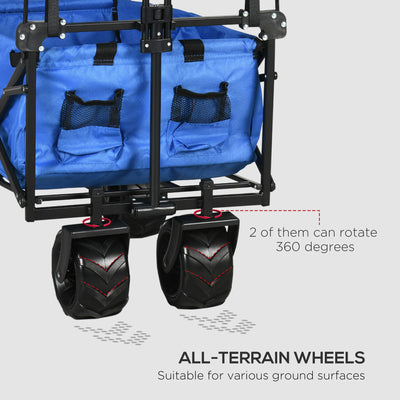 Outsunny Folding Trolley Cart Storage Wagon Beach Trailer 4 Wheels with Handle Overhead Canopy Cart Push Pull for Camping, Blue 