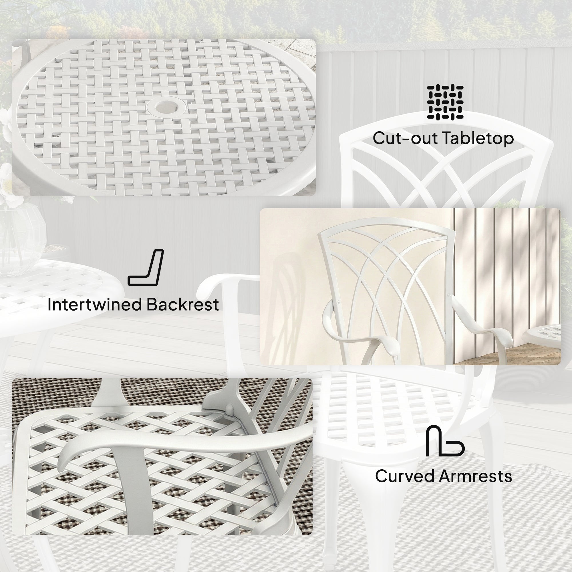 Outsunny 3 Pieces Garden Bistro Set, Cast Aluminium Outdoor Dining Set with 2 Chairs and Round Table with Parasol Hole, White 