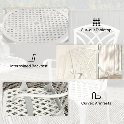 Outsunny 3 Pieces Garden Bistro Set, Cast Aluminium Outdoor Dining Set with 2 Chairs and Round Table with Parasol Hole, White 