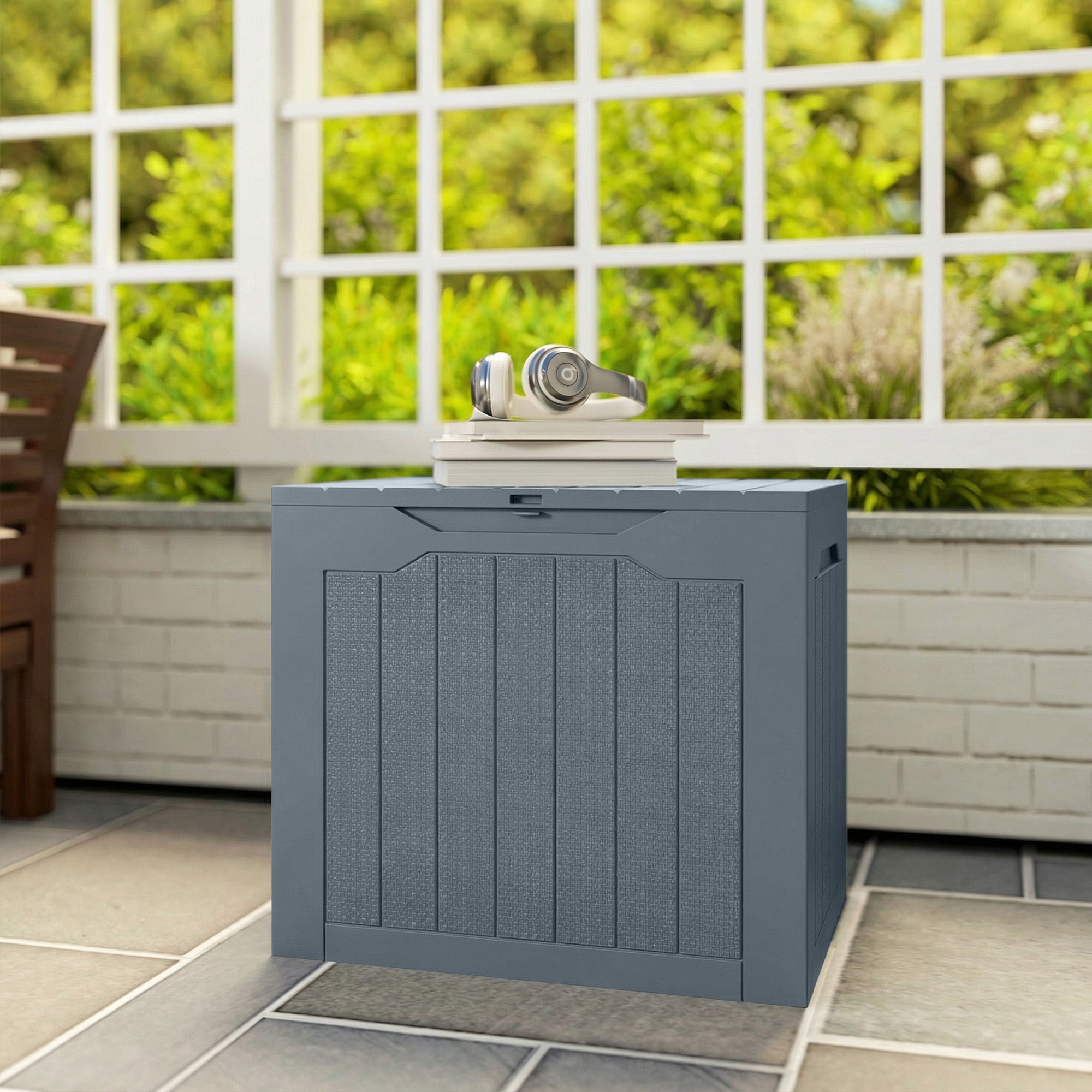 Outsunny 93L Plastic Garden Storage Box, Outdoor Storage Box with Handles, Waterproof Outdoor Storage Container, Light Grey 