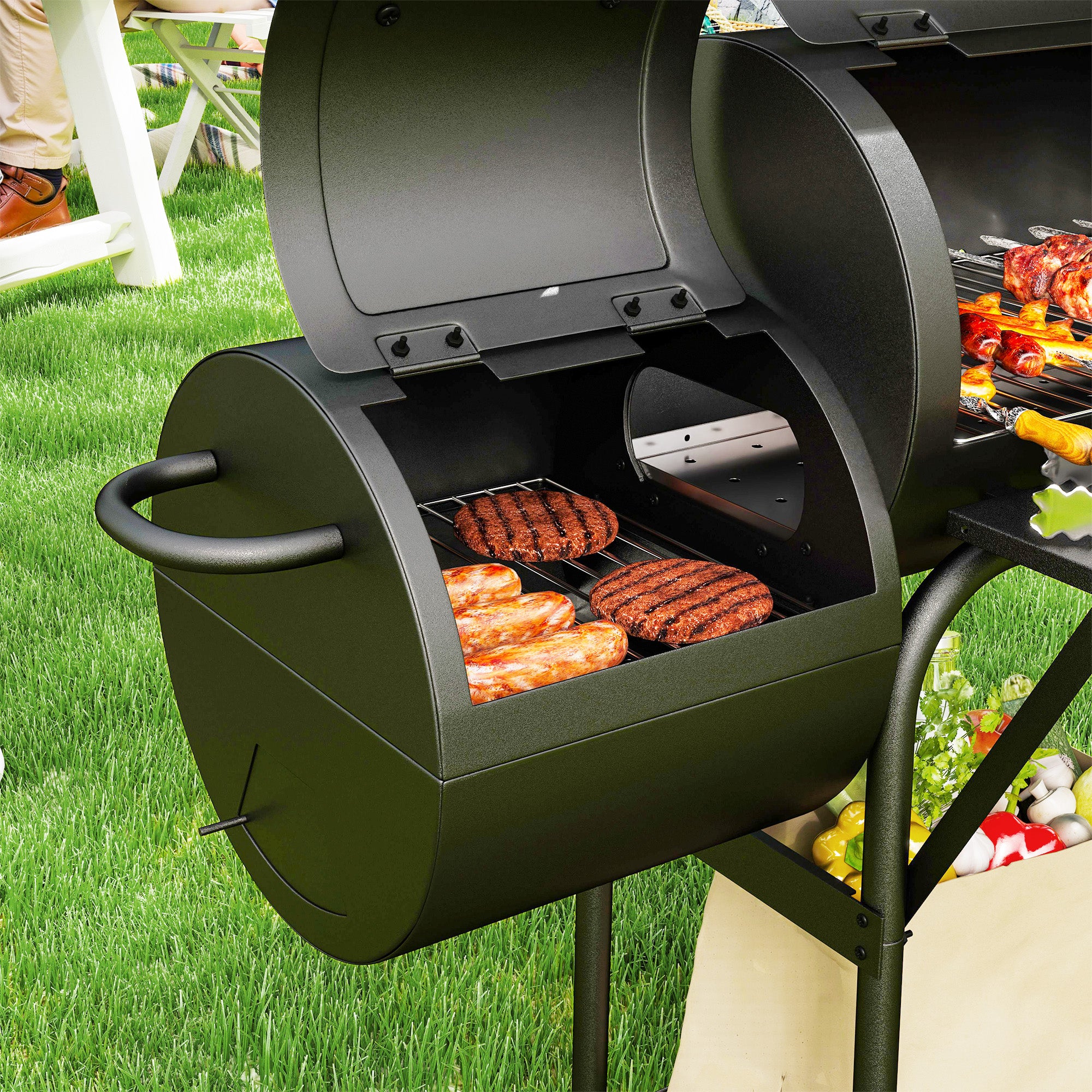 Outsunny Barbecue Grill Portable Outdoor Charcoal BBQ Grill with Offset Smoker 109 x 60 x 120 cm Black 