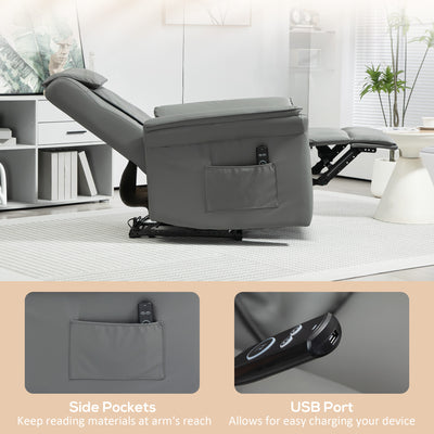 HOMCOM 3D Kneading Massage Recliner Chair with Headrest, Breathable Leather Recliner Armchair, Electric Reclining Chair with Footrest, Remote with USB Port, Side Pockets for Home, Grey 