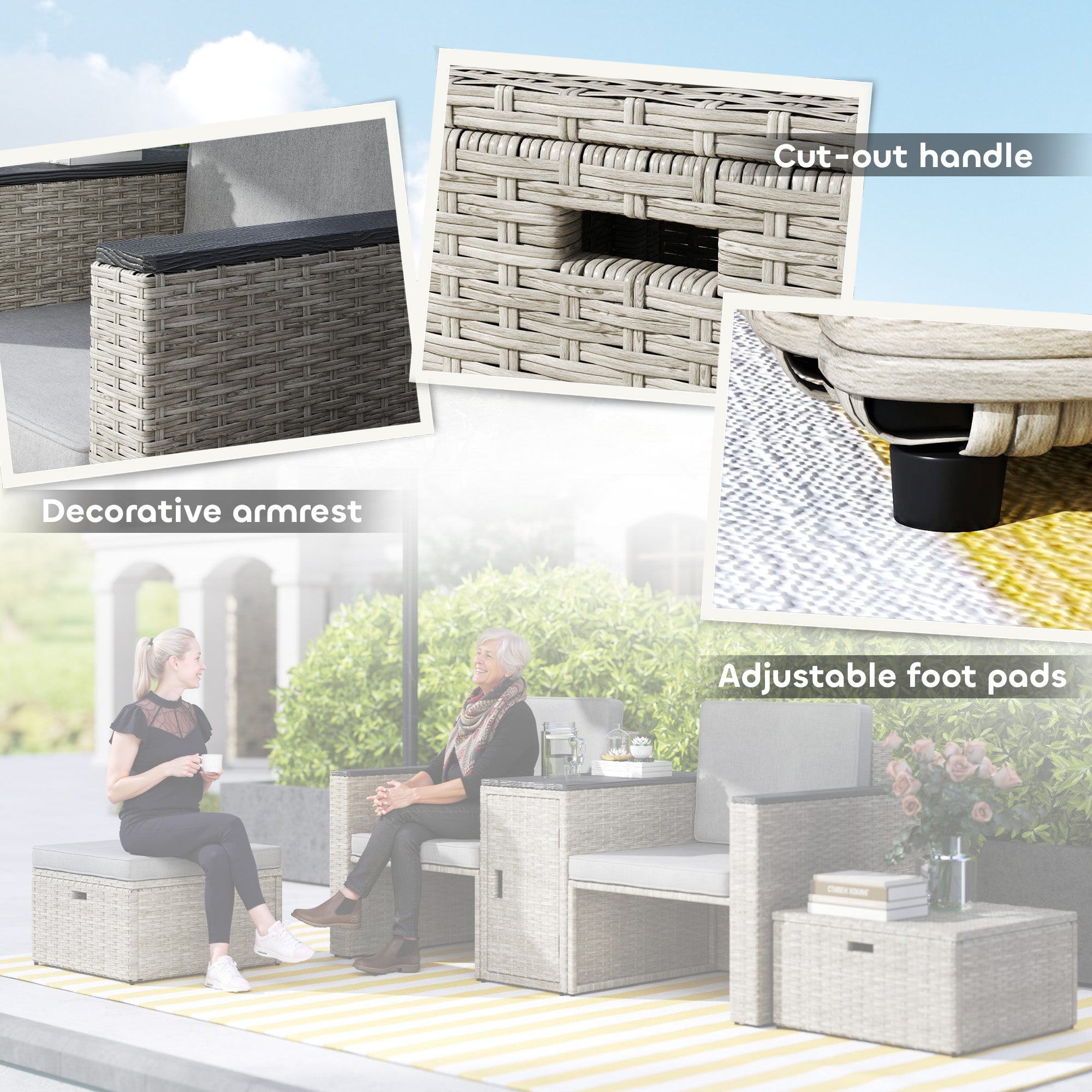 Outsunny 5 Piece Rattan Garden Furniture Set, Nesting Outdoor Furniture Conversation Set with 2 Footstools, WPC Storage Coffee Table and Cushions, Wicker Garden Sofa for Conservatory, Terrace, Grey 