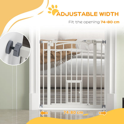 PawHut Pressure Fit Stair Gate, Dog Gate w/ Small Cat Door, Auto Closing System, Double Locking Openings, 74-80cm - White 