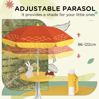 Outsunny Kids Picnic Table and Chair Set, Lion Themed Outdoor Garden Furniture w/ Foldable Chairs, Adjustable Parasol - Yellow 