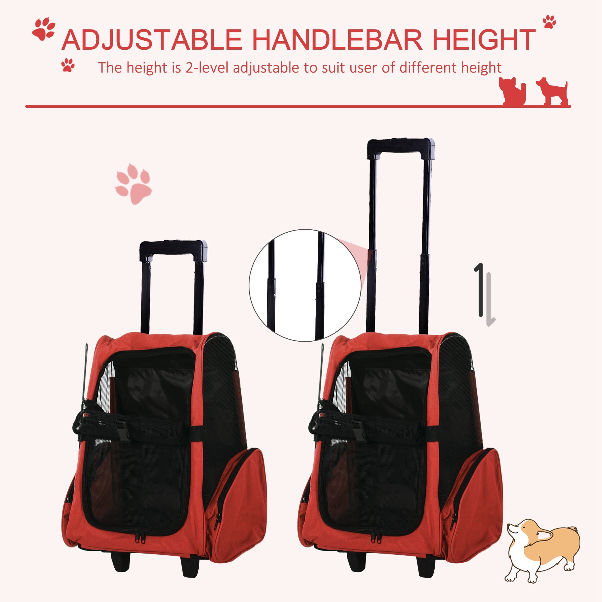 PawHut Pet Travel Backpack Bag Cat Puppy Dog Carrier w/ Trolley and Telescopic Handle Portable Stroller Wheel Luggage Bag (Red) 