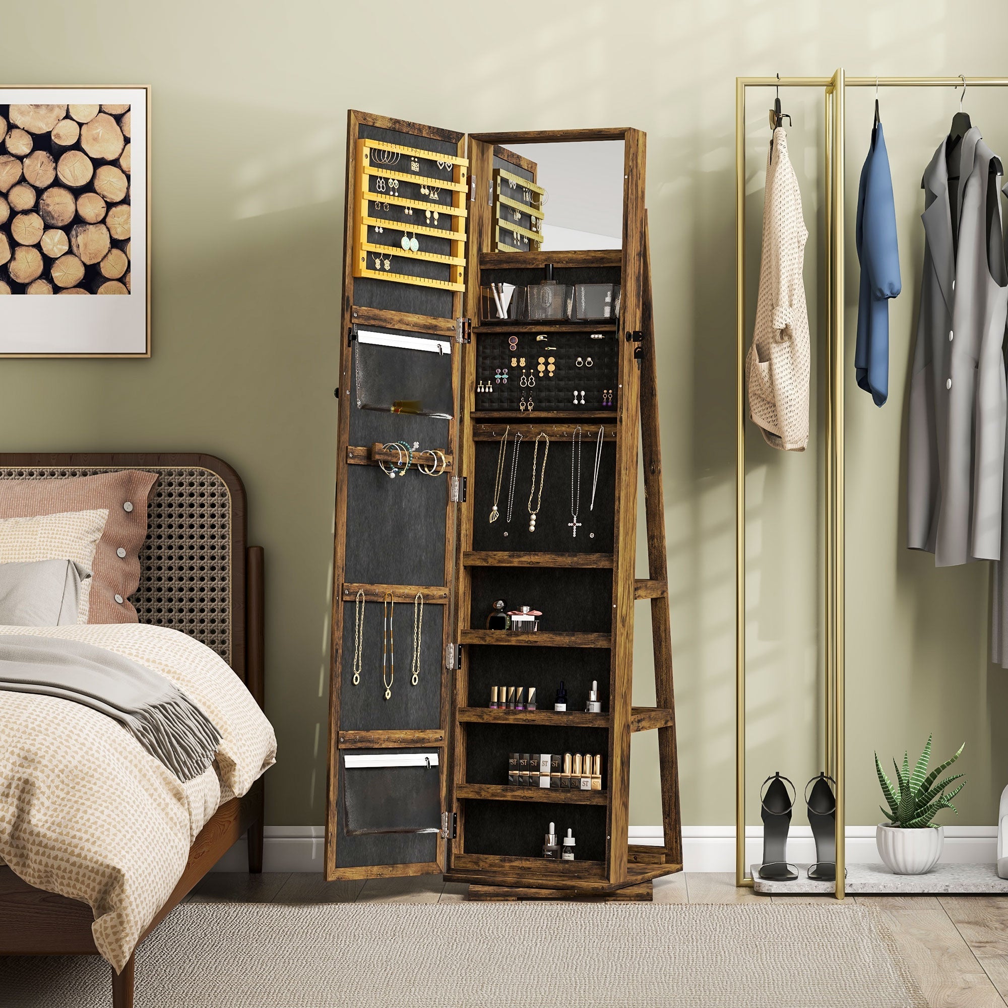 HOMCOM 360° Swivel Jewellery Cabinet, Mirror Armoire, Full Length Mirror, Lockable Jewellery Organiser with Built-In Small Mirror, Rustic Brown 