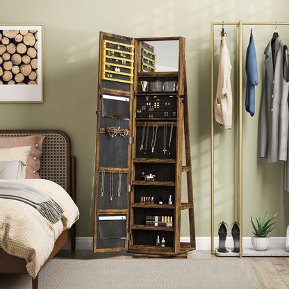 HOMCOM 360° Swivel Jewellery Cabinet, Mirror Armoire, Full Length Mirror, Lockable Jewellery Organiser with Built-In Small Mirror, Rustic Brown 