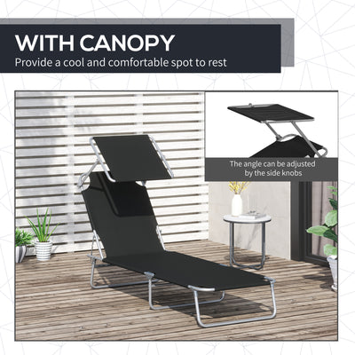 Outsunny 2 Pieces Outdoor Foldable Sun Lounger, 4 Level Adjustable Backrest Reclining Sun Lounger Chair with Angle Adjust Sun Shade Awning for Beach, Garden, Patio, Black 