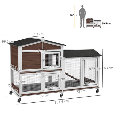 PawHut Wooden Two-Tier Pet Hutch with Wheels, Run - Brown 