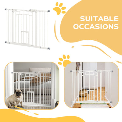 PawHut Pressure Fit Stair Dog Gate w/ Small Cat Door, Automatic Closing Door, Double Locking, for 74-100cm Openings - White 