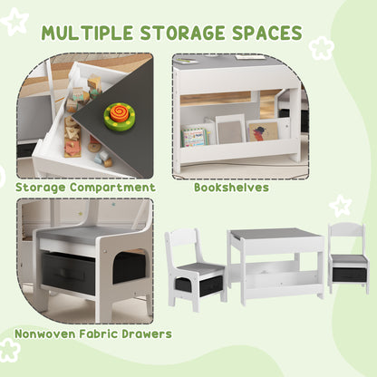 HOMCOM Three-Piece Kids Table and Chair Set with Blackboard, Storage, Bookshelves - Grey 