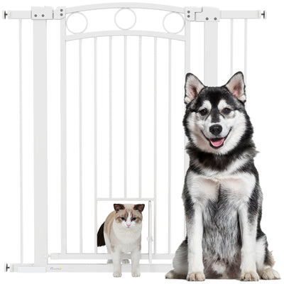 PawHut 106cm Tall Dog Gate with Cat Door, 7cm and 14cm Extensions, for Stairs, Doorways, 76-104cm Width 