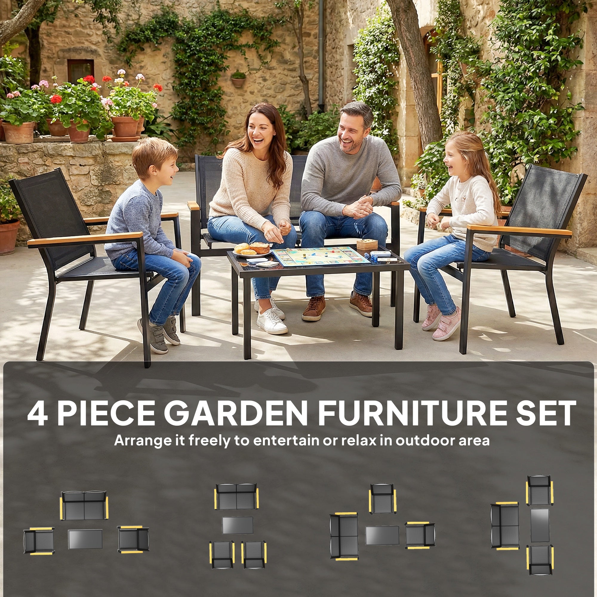 Outsunny Outdoor Sofa 4 Seater Garden Sofa Set with Loveseat 2 Chairs and Coffee Table Black 