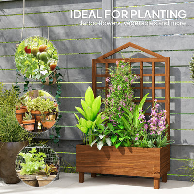 Outsunny Garden Planters with Trellis for Vine Climbing, Distressed Wooden Raised Beds, 90x43x150cm, Brown 