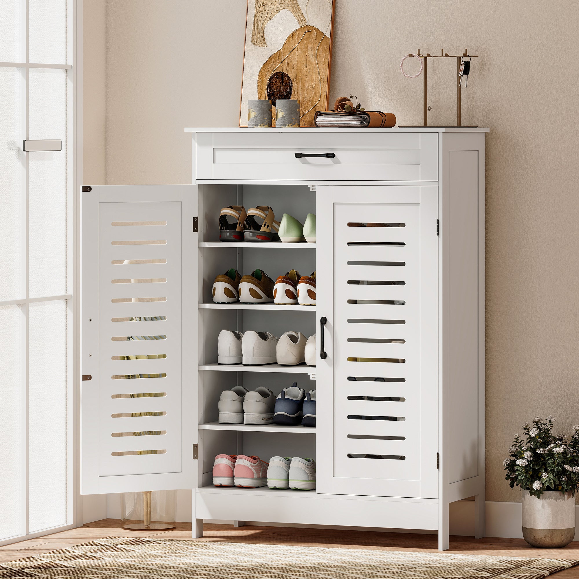 HOMCOM Shoe Cabinet with Louvered Doors, Modern Shoe Storage Cabinet with Drawer and Adjustable Shelves, White 